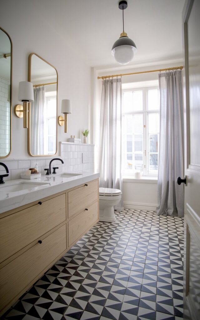 A photo of a bright, airy bathroom with a bold graphic black-and-white floor with sharp geometric patterns. The space showcases clean Scandinavian minimalism with white walls, light wood accents, and simple fixtures. There are luxurious Art Deco touches like gold-trimmed mirrors and sleek black faucets. The bathroom has a vanity, toilet, curtained window, and a pendant light. The natural light floods the room, highlighting the striking contrast of the floor and creating a stylish yet cozy atmosphere.