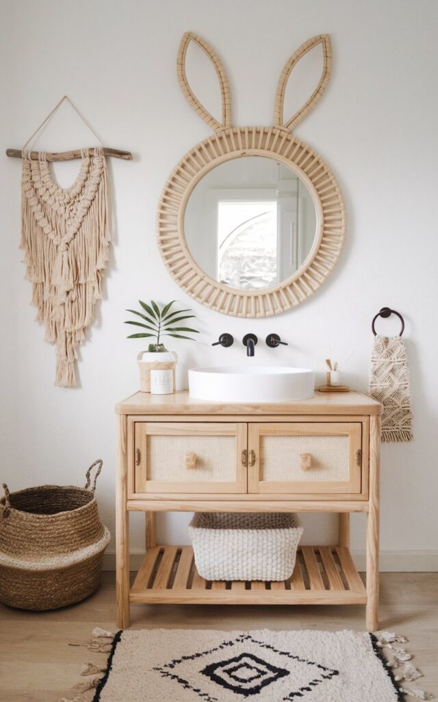 A bright and airy Boho + chic kids' bathroom featuring a simple wooden vanity topped with a round mirror that has whimsical bunny ears framing the top. The mirror's frame is crafted from natural rattan with a light, sun-bleached finish, adding to the relaxed, earthy vibe. Around the vanity, soft textiles like macramé wall hangings, patterned rugs, and woven baskets are placed.