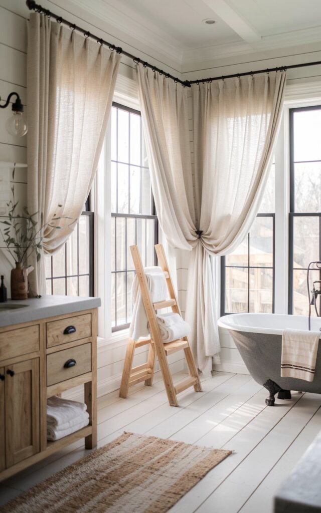 A photo of a bright and airy modern farmhouse bathroom with large, paned windows dressed in light, flowing linen panels. The curtains are soft white or oatmeal-toned, casually draped to filter sunlight and create a cozy, lived-in feel. The space features shiplap walls, matte black fixtures, and a rustic wood vanity topped with a stone or quartz countertop. A freestanding tub sits nearby on wide-plank flooring, with a woven rug underfoot and a ladder rack leaning nearby for towels. A mix of vintage accents and clean lines balance warmth and simplicity in true farmhouse fashion. Natural light is soft, ambient.