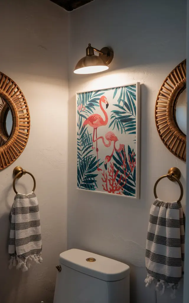A photo of a coastal and Palm Beach-style bathroom with crisp white walls and rattan accents. There is a playful tropical artwork of flamingos and coral reefs above the toilet. A sleek brass picture light is mounted above the artwork, casting a warm glow on it. The soft, directional lighting brings color and personality to the space. The bathroom is also decorated with wicker mirrors, striped towels, and hints of gold. The natural light is muted and soft.