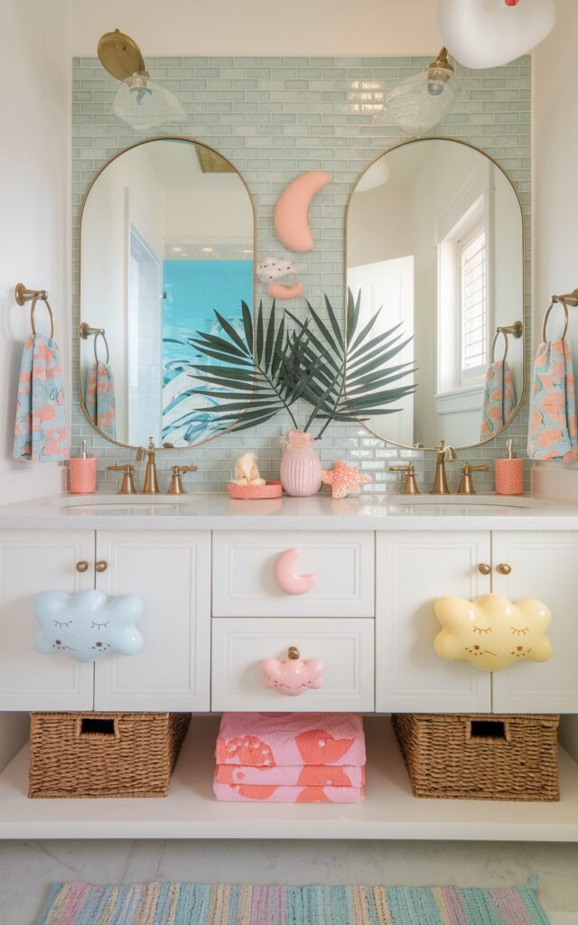 A bright and breezy Coastal + Palm Beach kids’ bathroom with crisp white cabinetry featuring whimsical cabinet knobs shaped like fluffy clouds, crescent moons, and tiny stars. The knobs are finished in soft pastels—sky blue, shell pink, and buttery yellow—adding a dreamy, playful touch to the sun-kissed space. The vanity is topped with a glossy white quartz counter, and the backdrop includes aqua glass tiles that shimmer like seafoam. Rattan baskets, coral-patterned towels, and tropical palm art bring in the relaxed Palm Beach vibe, making the space feel like a beachside dreamland for little ones. Golden hour lighting.