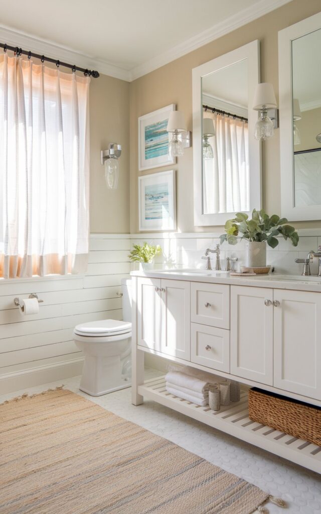 A photo of a bright and breezy bathroom painted in soft sand tones with crisp white trim for clean contrast. The walls evoke sun-warmed beaches, while white shiplap detailing and coastal artwork bring laid-back elegance. A floating vanity in white oak complements the neutral palette, with brushed nickel fixtures adding a sleek modern touch. Light pours in through sheer curtains, highlighting sea glass accents, a textured rug, and fresh greenery. The mix of sand and white creates a relaxed, sun-kissed atmosphere that's effortlessly coastal and forever stylish.