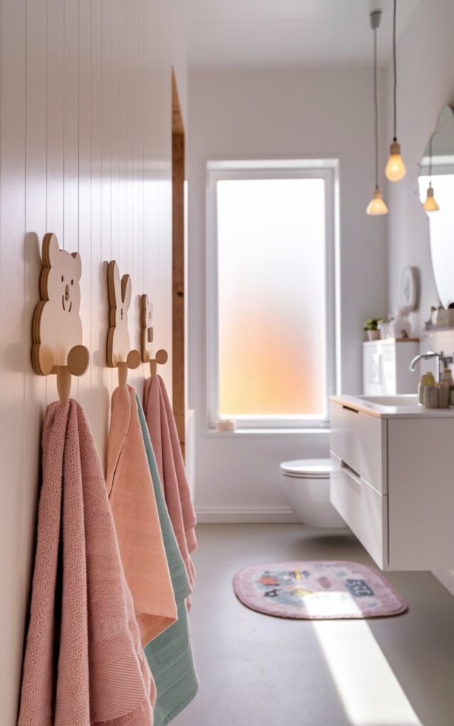 A bright, minimalist Scandinavian kids' bathroom with clean white walls and light oak accents. Along one wall, there are 3 towel hooks shaped like a bear, a rabbit, and a star, hung at a kid-friendly height. The hooks are made of natural wood with smooth edges, blending functionality with subtle whimsy. Pastel-colored towels hang from the hooks. A white floating vanity with a matte finish and sleek fixtures keeps the space airy and clutter-free. Soft natural light streams through a frosted window, highlighting the cozy yet modern hygge-inspired vibe of the room. The bathroom also has a toilet, a kids' floor rug, and pendant lights (Warm light on). The focus is on the hooks with the towels.