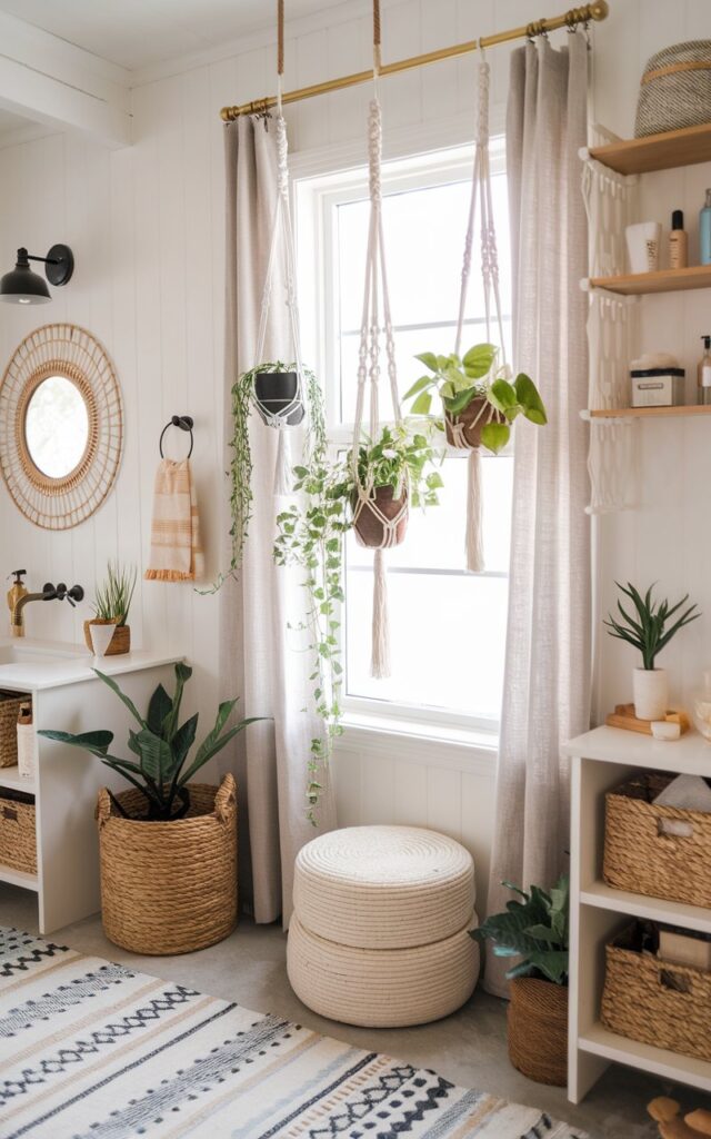 A photo of a bright modern boho bathroom with white walls, warm wood accents, and playful textures. There's a brass tension rod holding three small hanging plants suspended in cream or beige macramé holders. The plants include trailing varieties like pothos, string of hearts, and ivy. The window is framed by light linen curtains. The surrounding decor features a patterned boho rug, woven storage baskets, a round mirror with a rattan frame, and brass black fixtures for contrast. The space also has a vanity and open shelves with essentials.