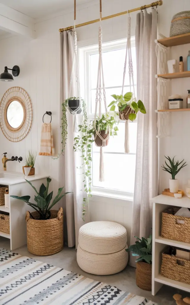 A photo of a bright modern boho bathroom with white walls, warm wood accents, and playful textures. There's a brass tension rod holding three small hanging plants suspended in cream or beige macramé holders. The plants include trailing varieties like pothos, string of hearts, and ivy. The window is framed by light linen curtains. The surrounding decor features a patterned boho rug, woven storage baskets, a round mirror with a rattan frame, and brass black fixtures for contrast. The space also has a vanity and open shelves with essentials.