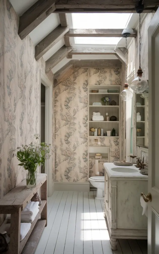 A photo of a vintage-style bathroom with a skylight. The room has a soft floral wallpaper with a subtle patina finish, featuring delicate roses and faded greenery in muted pastel tones. The space has weathered wooden beams, a distressed white vanity, and brass fixtures. There is a whitewashed floorboard and a rustic shelf with a vase of fresh wildflowers. The bathroom has open shelves with essentials, a toilet, and pendant lights. The room is bathed in natural light.