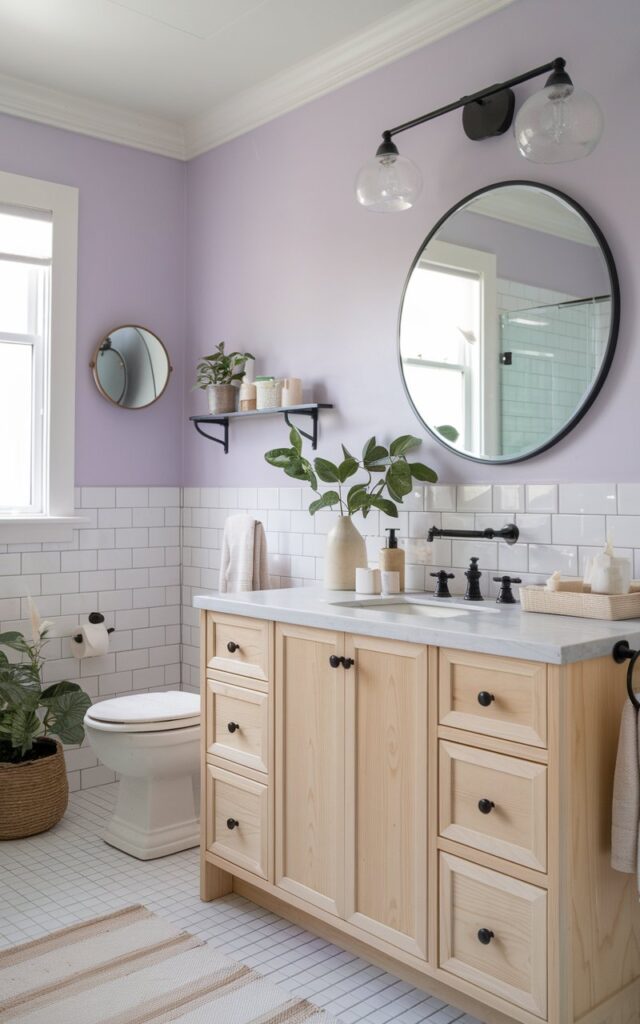 A photo of a calm and elegant bathroom with walls painted in soft lavender. The bathroom has a blend of Scandinavian simplicity and Craftsman warmth. There is clean-lined wooden cabinetry in light oak and white subway tiles with pale gray grout. The bathroom has minimalist Scandi fixtures in matte black, a large round mirror, and soft woven textiles. There is also potted greenery and frosted glass lighting.
