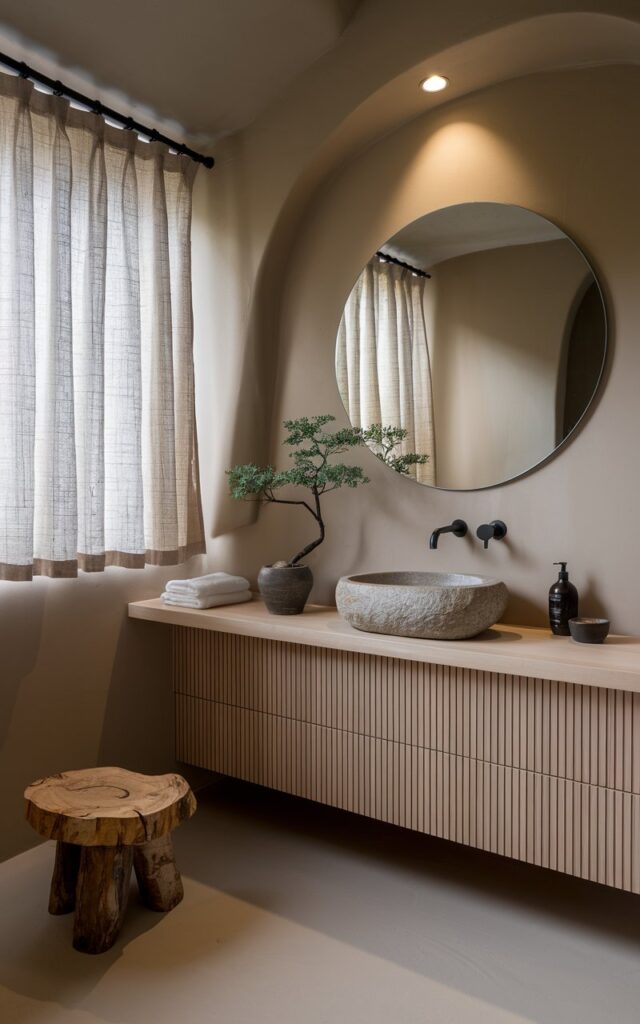 A photo of a Japandi-style bathroom painted in cool mushroom tones, blending Scandinavian simplicity with Japanese warmth. The smooth, matte mushroom-colored walls provide a soft, earthy backdrop for pale wood cabinetry and sleek black hardware. A stone basin sink rests on a floating vanity, with an oversized round mirror reflecting soft natural light. Linen curtains, a handmade ceramic stool, and a single bonsai plant add texture and organic detail. The space feels meditative and grounded—perfectly understated, timeless, and effortlessly tranquil. The room has a recessed ceiling with LED light and no natural light.