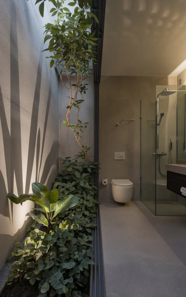 A calming modern biophilic bathroom that blurs the line between indoors and out. A sleek uplight is discreetly placed at the base of a leafy potted plant near the soaking tub. The gentle upward glow highlights the lush foliage, casting organic shadows on the smooth concrete wall. The bathroom is fully furnished with functional elements, including a toilet, a vanity, and a shower. The room has a serene atmosphere, with natural textures, clean lines, and greenery dominating the space. The accent lighting evokes a tranquil, spa-like ambiance rooted in nature. The photo does not show any natural light.