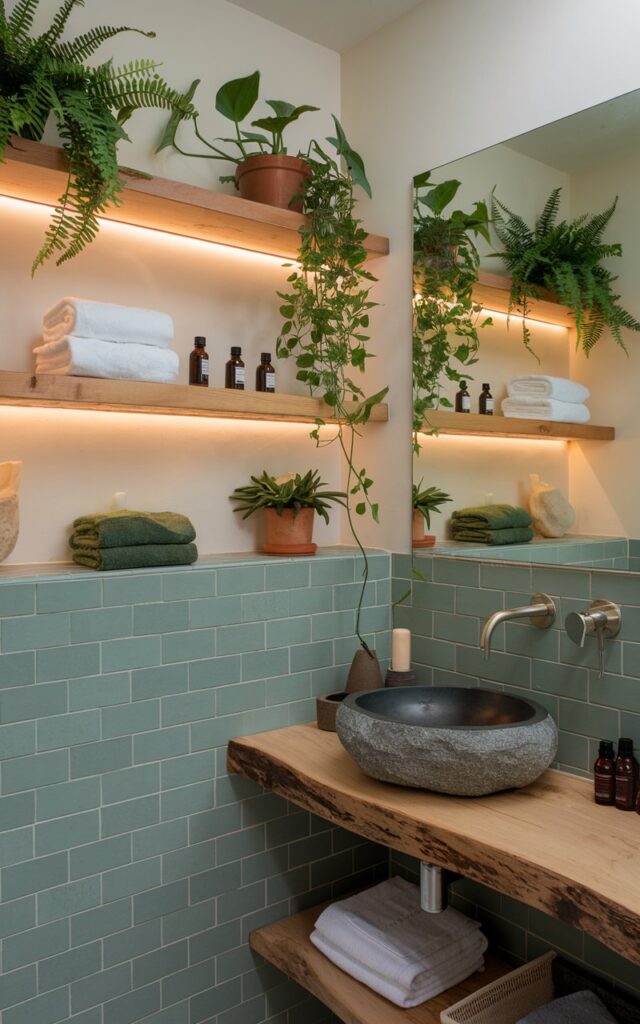 A photo of a biophilic bathroom with sage green tiles wrapping around the lower half of the walls and the shower area. The tiles blend seamlessly with the soft, nature-inspired palette. Above the tiles, a built-in shelf garden spans one wall, filled with potted ferns, trailing pothos, and small tropical plants in ceramic and terracotta pots. Wooden floating shelves hold rolled towels, essential oils, and mossy accents, all bathed in ambient lighting from warm LEDs tucked under the shelves and mirror. A stone basin sink rests on a live-edge wood vanity, surrounded by raw textures and natural materials. The sage tiles echo the greenery, making the space feel like a peaceful indoor greenhouse retreat.