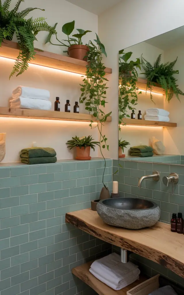 A photo of a biophilic bathroom with sage green tiles wrapping around the lower half of the walls and the shower area. The tiles blend seamlessly with the soft, nature-inspired palette. Above the tiles, a built-in shelf garden spans one wall, filled with potted ferns, trailing pothos, and small tropical plants in ceramic and terracotta pots. Wooden floating shelves hold rolled towels, essential oils, and mossy accents, all bathed in ambient lighting from warm LEDs tucked under the shelves and mirror. A stone basin sink rests on a live-edge wood vanity, surrounded by raw textures and natural materials. The sage tiles echo the greenery, making the space feel like a peaceful indoor greenhouse retreat.