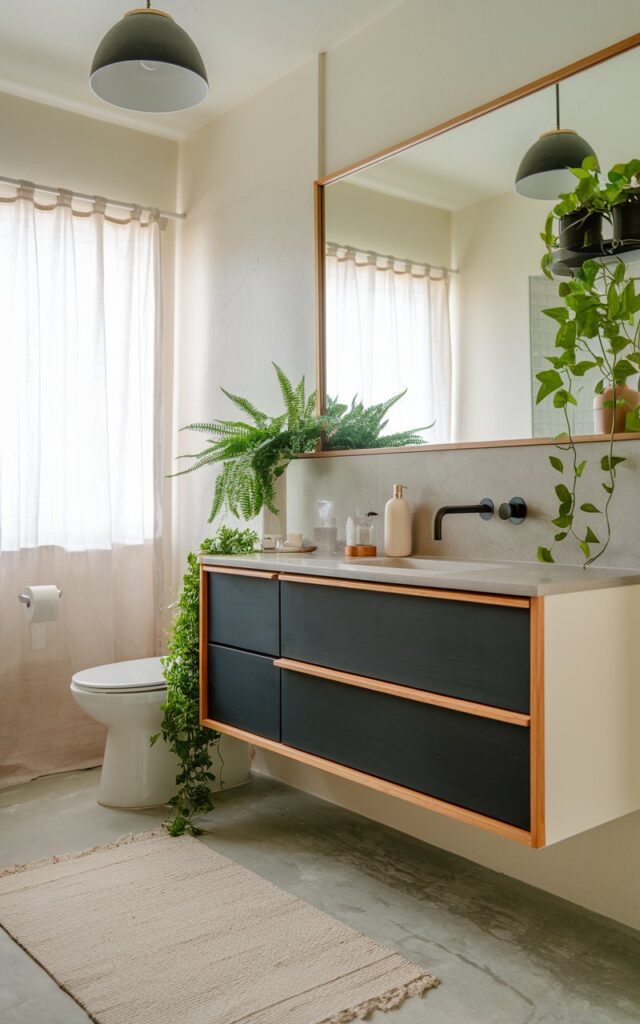 A photo of a calming, nature-inspired bathroom blending Biophilic and Japandi styles. The bathroom features a sleek two-tone vanity with black drawers and a smooth white cabinet base. The vanity's minimalist design is paired with clean lines and warm wood accents, grounded by a natural stone countertop and a matte black faucet. Lush greenery, like a potted fern or trailing pothos, adds life and softness. The bathroom also has a toilet, curtained window, floor rug, and a ceiling pendant light.