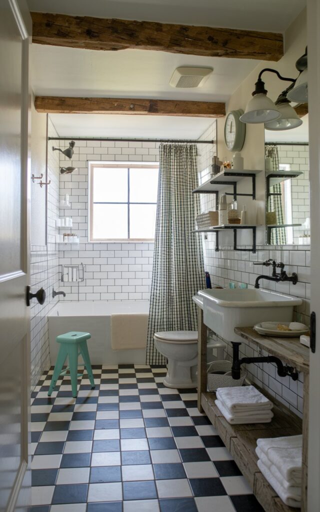 A photo of a character-filled bathroom blending retro flair with rustic charm. The bold black-and-white checkerboard tile floor is the standout element, with the tiles slightly weathered for a vintage feel. The room features exposed wooden beams and a reclaimed wood vanity with a farmhouse sink. Retro touches include a mint green stool, patterned curtains, and an old-school wall clock. Black iron fixtures, open shelving, and a mix of enamel and ceramic accessories tie the rustic and retro styles together in a warm, eclectic space.