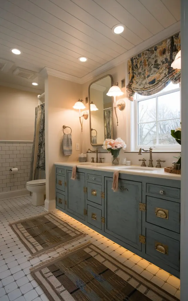 A photo of a charming Americana and French Country bathroom with a beadboard-paneled ceiling. Soft white recessed LED lights are installed in the ceiling. There is a distressed wood vanity with brass hardware, a floral curtained window, and a porcelain sink. Undercabinet LED strips beneath the vanity offer a warm floor glow, highlighting handwoven rugs and antique-style tiles. There is no natural light in the space; only light from the LED fixtures illuminates the room.
