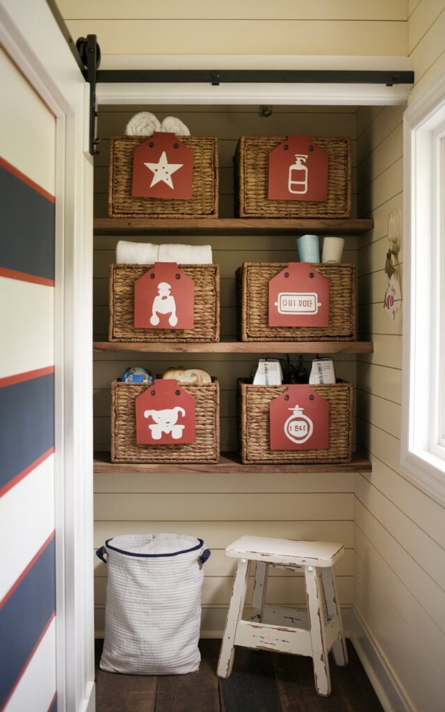 A charming Americana-style kids’ bathroom featuring a few woven baskets neatly organized on open wooden shelves. Each basket is labeled with bold, rustic tags adorned with playful hand-painted icons—like a star for towels, a teddy bear for toys, and a vintage soap bar for toiletries. The space has cozy shiplap walls painted in soft cream and accented with navy and red stripes. Classic Americana details like a barn-style sliding door and a distressed wooden stool add warmth. The room feels homey and practical, with a touch of nostalgic charm perfect for kids.