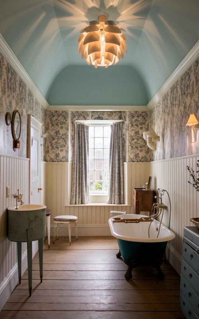 A photo of a charming English countryside bathroom with a soft sky blue ceiling. There is a sculptural pendant light emitting warm light, drawing the eye upward and adding a fresh, airy feel. The space features floral wallpaper in muted tones, a classic roll-top bathtub, and vintage brass fixtures. The room has creamy white wainscoting, a warm wooden floor, and antique furniture pieces, bringing rustic charm. A small window framed by toile curtains lets in dappled natural light, completing the relaxed, storybook atmosphere.