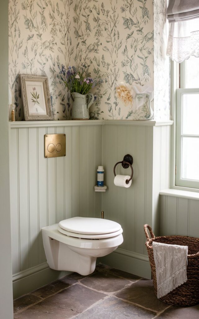 A photo of a charming English countryside bathroom with soft sage green paneling and vintage-inspired wallpaper featuring delicate floral patterns. A wall-mounted toilet with a traditional white ceramic bowl and an antique brass flush plate is seamlessly built into a half-height beadboard wall. Above the toilet, a narrow wooden shelf holds a small framed botanical print, a lavender-scented candle, and a ceramic pitcher with fresh wildflowers. The flooring is rustic stone tile, and a woven basket sits tucked nearby holding extra linen hand towels. Soft natural light pours in through a sash window dressed with a cotton lace curtain.