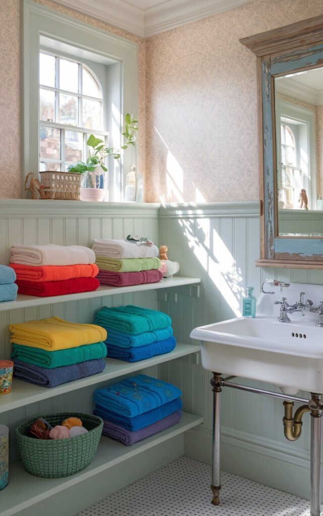 A photo of a charming English countryside kids' bathroom with soft pastel walls and classic wainscoting. Open wooden shelves painted in crisp white showcase a neatly folded rainbow of towels arranged in vibrant order - red, orange, yellow, green, blue, indigo, and violet. The towels add a cheerful pop of color against the room's vintage wallpaper and antique brass fixtures. The shelves also contain other essential items such as toys and a faux plant. Nearby, a porcelain sink with a farmhouse-style apron front and a distressed wooden mirror frame enhance the cozy, timeless feel. Sunlight streams in through mullioned windows, highlighting this colorful yet classic towel display that brightens the space with playful warmth.