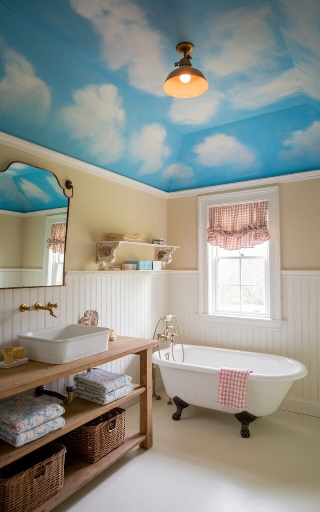 A photo of a charming English countryside-style kids' bathroom with a bright, sky-blue ceiling painted with delicate, hand-brushed white clouds. The ceiling has a pendant light (warm light on). The space evokes a peaceful meadow sky, visible above warm white beadboard walls. A kids bathtub sits under the painted sky. The vanity is a repurposed farmhouse table with a porcelain basin and antique brass fixtures. Wooden shelves hold wicker baskets and folded floral towels. A small window with a ruffled gingham curtain lets in soft natural light, completing the airy, pastoral feel of the room.