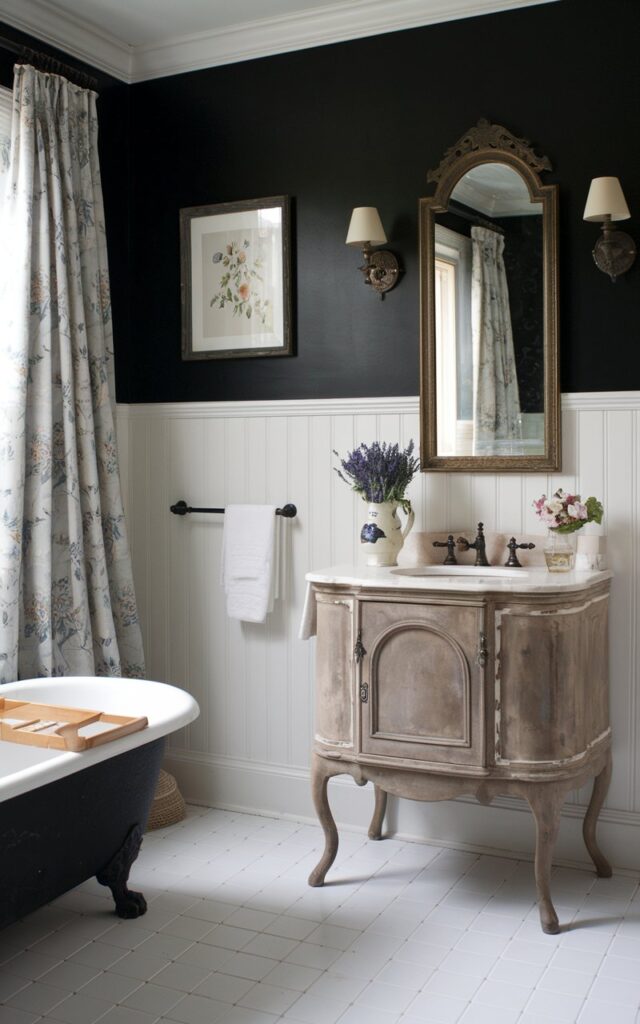 A photo of a charming French Country bathroom with crisp white wainscoting on the lower half of the walls, contrasted by rich matte black paint above. The black walls add depth and drama while allowing vintage details to shine, such as an antique brass-framed mirror and a distressed wood vanity with curved legs. Soft linen curtains, floral prints, and fresh lavender in a ceramic pitcher bring in the rustic countryside warmth. Wrought iron accents and a clawfoot tub complete the cozy, old-world ambiance with just the right touch of contrast.