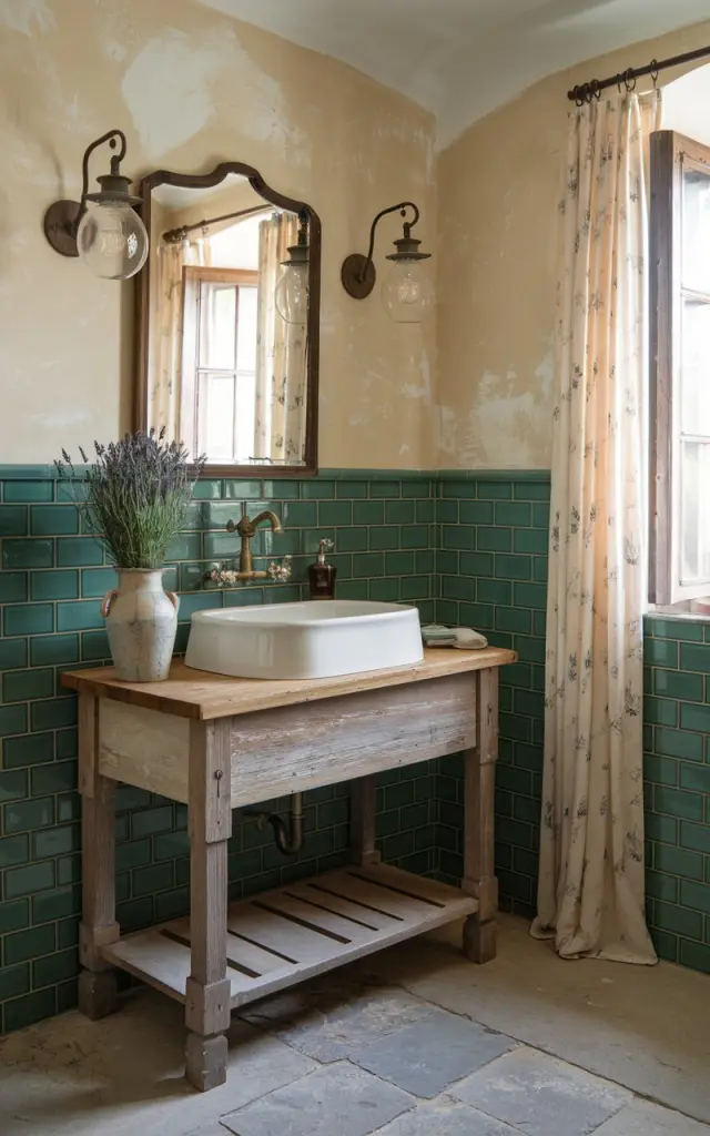 A photo of a charming French Country bathroom with glossy emerald green tiles and a rustic wooden vanity. The vanity is topped with a white porcelain sink. The walls are cream-colored with a subtle distressed plaster finish and vintage wrought-iron light fixtures. There's a ceramic vase with fresh lavender sprigs on the vanity, and linen curtains with delicate floral patterns frame a window. The floor is made of weathered stone, and there are vintage brass faucets. The overall ambiance is warm and countryside.