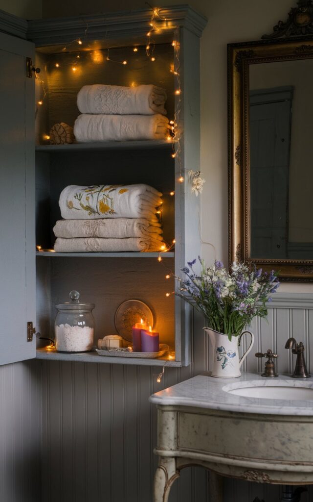 A photo of a charming French country bathroom with an open wooden shelf adorned with warm twinkle lights. The shelf has neatly folded embroidered linens, a glass jar of bath salts, a lavender-scented candle, and a small porcelain pitcher with fresh wildflowers. The shelf is beside a vintage-style vanity with a marble top and curved legs. The space features beadboard wainscoting, antique brass hardware, and an ornate framed mirror. The room is dimly lit, with no natural light.