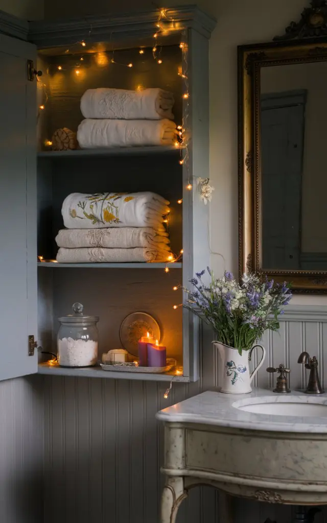 A photo of a charming French country bathroom with an open wooden shelf adorned with warm twinkle lights. The shelf has neatly folded embroidered linens, a glass jar of bath salts, a lavender-scented candle, and a small porcelain pitcher with fresh wildflowers. The shelf is beside a vintage-style vanity with a marble top and curved legs. The space features beadboard wainscoting, antique brass hardware, and an ornate framed mirror. The room is dimly lit, with no natural light.