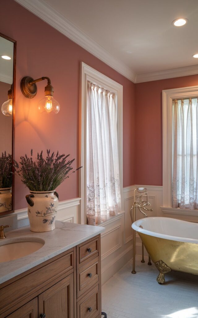A photo of a French country bathroom painted in soft dusty rose, creating a warm and inviting vintage vibe. The room has white wood trim and wooden cabinetry, adding timeless elegance. There is a classic brass clawfoot tub and a vanity with a ceramic jar filled with fresh lavender bunches. The room has vintage scones with warm light on, a recessed ceiling with LED light, and sheer curtains letting in soft natural light.