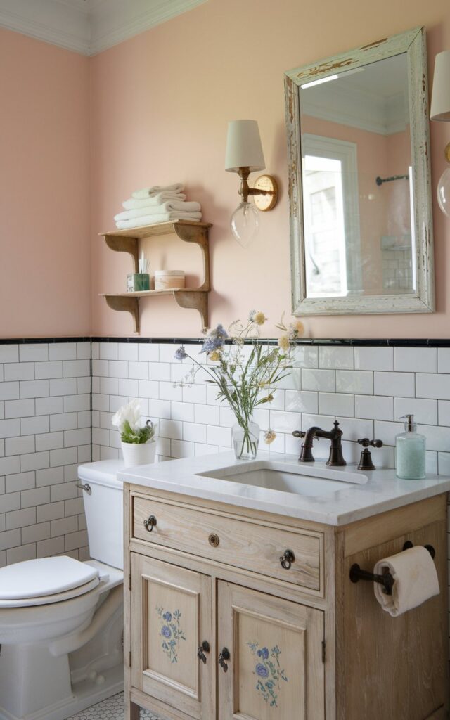 A photo of a charming French country bathroom with classic white subway tiles and crisp black grout, creating a bold yet timeless contrast. The walls are soft pastel in color. There is a vintage-inspired fixture with distressed wood accents. A rustic wooden vanity with delicate floral details and antique brass hardware adds warmth. Fresh wildflowers in a simple vase bring life to the serene, elegant space.