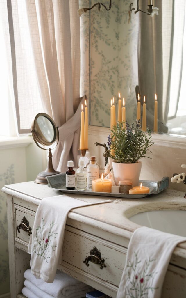 A photo of a charming French country bathroom with a rustic wooden vanity topped with a beautifully arranged tray. The tray holds flickering beeswax candles, delicate glass bottles of essential oils, and a small potted lavender or rosemary plant. The vanity surface is softly worn with a distressed white finish, complemented by antique brass fixtures. Soft natural light filters through linen curtains, highlighting floral wallpaper or pale pastel walls. Details like a vintage hand mirror and embroidered towels complete the elegant yet cozy countryside vibe. The vanity has other essentials items too.