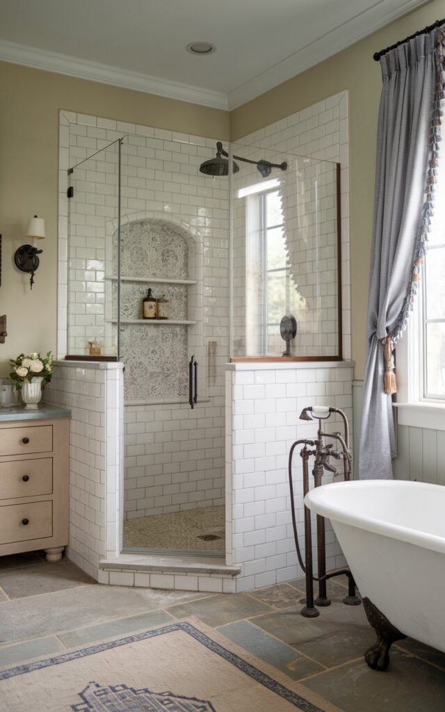 A photo of a charming French country bathroom with soft, romantic details and a muted pastel palette. The walk-in shower is enclosed with a graceful half-wall topped with clear glass, accented by traditional tilework like subway or hand-painted patterns. It features vintage-style black iron hardware. The walls are limewashed or clad in beadboard, and the floor features aged-look stone tiles. Add a ruffled linen curtain, a clawfoot tub nearby, and antique brass fixtures for a cozy, countryside elegance. The bathroom has a vanity, floor has a rug, and natural light is soft, ambient.