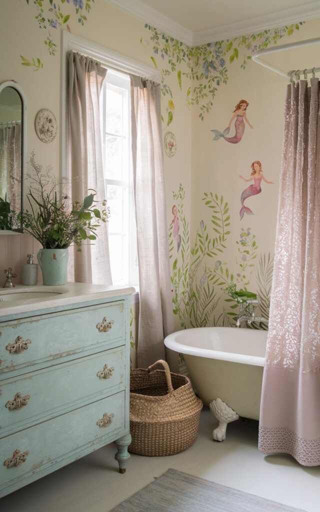 A photo of a charming French country kids' bathroom with soft cream-colored walls. The walls are adorned with delicate, hand-painted-style wall decals depicting bright green jungle foliage and whimsical mermaids. There is a weathered, pastel blue vanity with ornate drawer pulls. A clawfoot tub with a lace-trimmed shower curtain adds timeless elegance. A woven basket and fresh wildflowers complete the cozy, storybook atmosphere. Natural light filters softly through a window framed with light linen curtains.