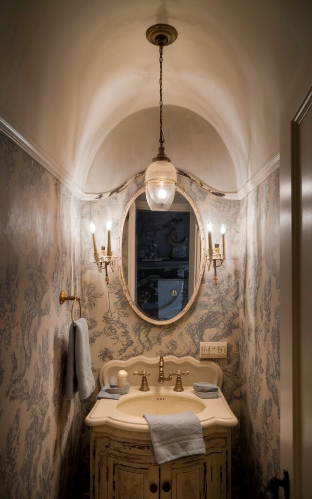 A photo of a charming French country small powder room. The room has a soft white painted ceiling that gently curves above. A delicate vintage-style pendant light hangs at the center, casting a warm, cozy glow. The walls feature muted toile wallpaper, while an ornate mirror and brass fixtures add elegance. The space feels intimate, cocoon-like, and effortlessly refined. There is a ceramic sink on a distressed wooden vanity and soft linen hand towels. The room has no window, only light from the pendant light.