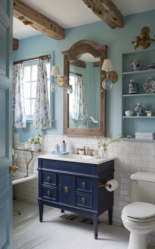 A photo of a charming French country style bathroom with soft blue walls and a deep navy-painted wooden vanity as a sophisticated focal point. The space includes rustic wooden beams, vintage brass fixtures, a distressed wooden mirror frame, and white subway tiles. Light floods in through a small window with floral curtains, and delicate blue and white ceramics adorn open shelves with essentials. The overall atmosphere is cozy, elegant, and inviting, blending classic French farmhouse warmth with refreshing blue tones.