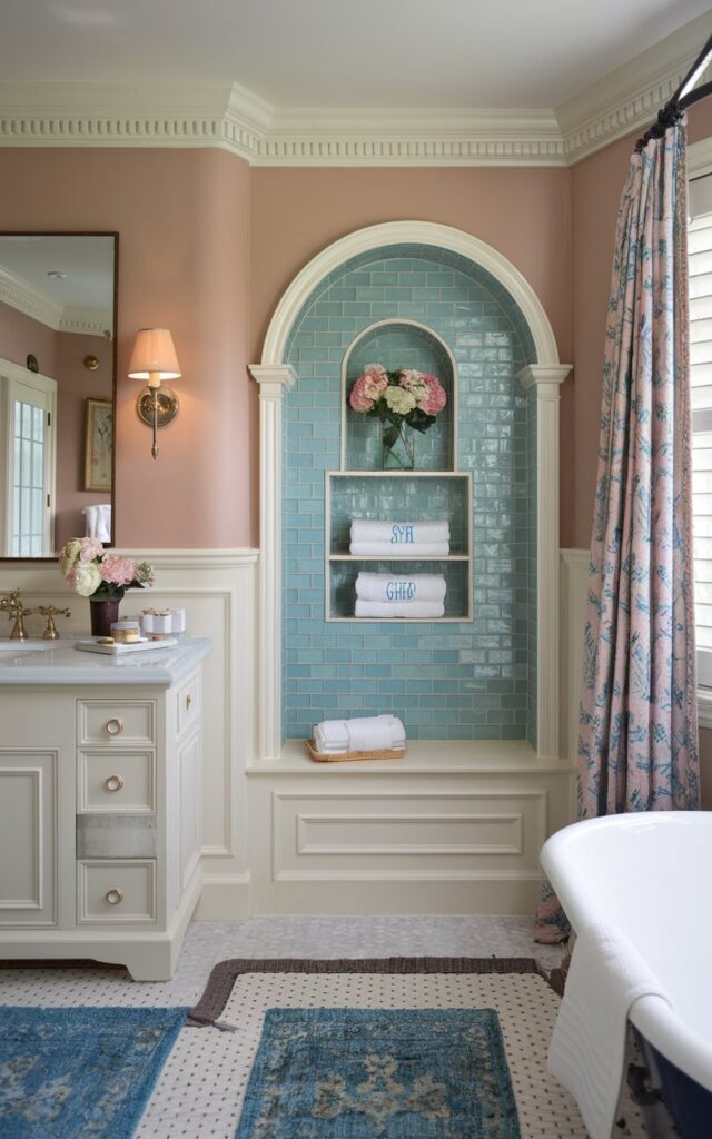 A photo of a charming Southern traditional bathroom with a recessed shelf highlighted with vibrant turquoise tile. The shelf is beautifully placed above the bathtub and serves as a storage and decor space. The turquoise tile creates a cheerful pop against the soft neutral walls. The space features classic elements like wainscoting, crown molding, and polished brass fixtures, with graceful curves and antique-inspired details. The turquoise tile adds a fresh, unexpected twist, evoking Southern hospitality with a splash of personality. Paired with monogrammed towels and a floral arrangement, the shelf becomes both functional and elegantly eye-catching. The bathroom has a vanity with a mirror, floor rug, curtained window, etc.