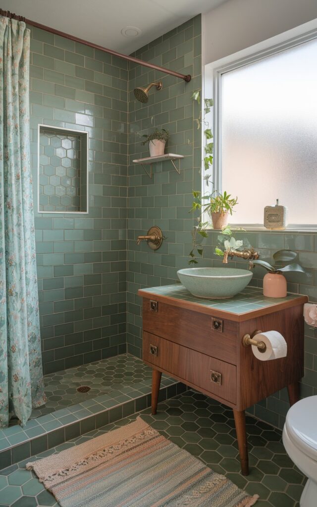 A photo of a charming bathroom that blends Mid-century modern architecture with cozy cottagecore aesthetics. The walls are covered in green tiles: mint green square tiles line the vanity backsplash, while olive green hex tiles cover the floor. A recessed shower niche is bordered with deep moss green tiles in a slim rectangular shape, adding dimension. The vanity is a vintage wood piece with tapered legs, topped with a round ceramic sink and brass faucet. A pastel floral curtain, potted ivy on a floating shelf, and a woven rug in soft tones complete the cottagecore vibe. Natural light streams in through a frosted window, highlighting the layered green tones and playful tile shapes.