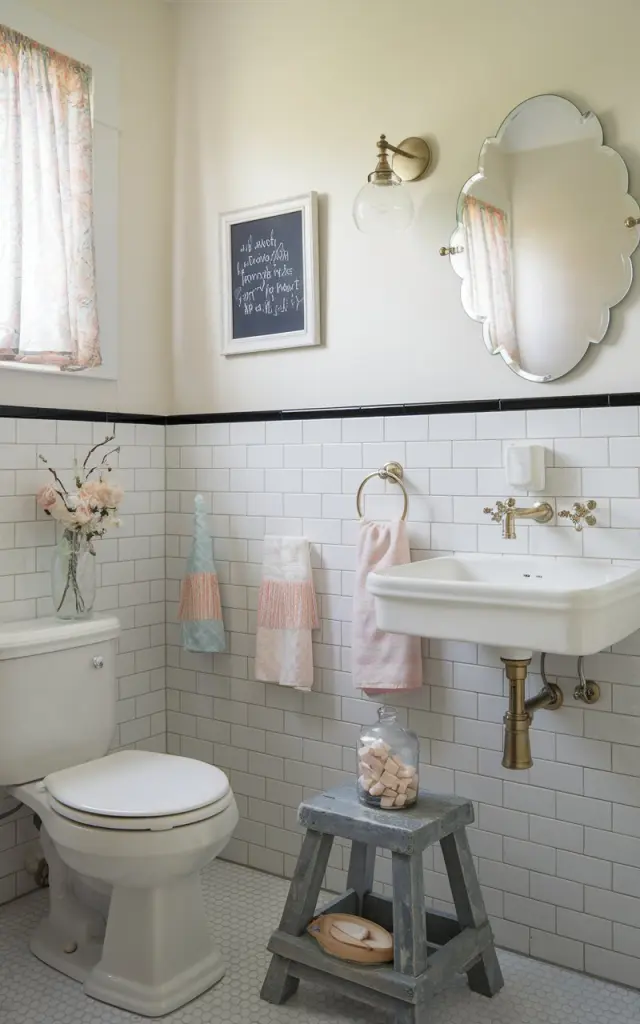 A photo of a charming bathroom that blends shabby chic softness with clean contemporary lines. The room has a white subway tile wall, a sleek modern sink, and brass or matte black fixtures. There's a vintage stool, a small glass jar with chalk, a scalloped-edge mirror, and pastel hand towels. Above the toilet, there's a small framed chalkboard with a handwritten quote.