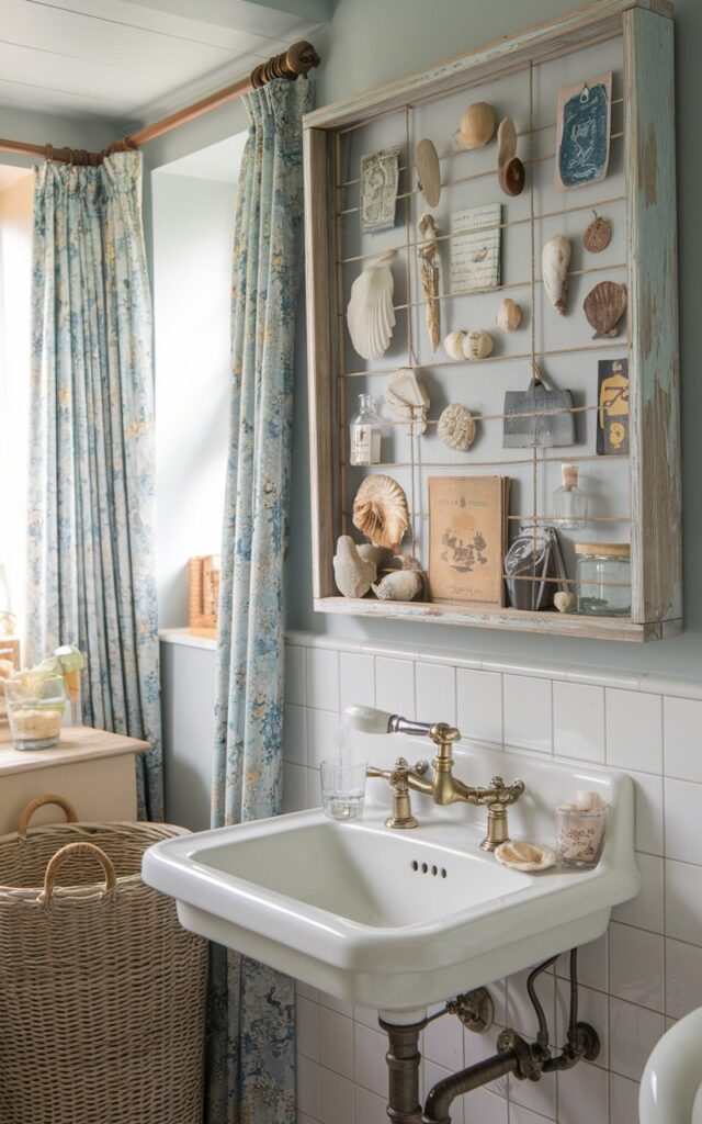 A photo of a coastal-English countryside bathroom with soft, airy colors like pale blue, sandy beige, and crisp white. The room has a rustic wooden shadowbox mounted on the porcelain wall, displaying an eclectic collection of found objects such as seashells, vintage matchbooks, travel tokens, and small glass bottles. The shadowbox frame is weathered wood with a distressed finish. There is a white porcelain sink with brass fixtures, floral curtains, and a wicker laundry basket in the room. The space is filled with soft natural light, creating a nostalgic, collected-over-time atmosphere.