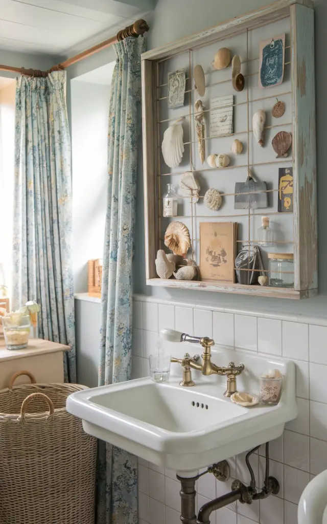 A photo of a coastal-English countryside bathroom with soft, airy colors like pale blue, sandy beige, and crisp white. The room has a rustic wooden shadowbox mounted on the porcelain wall, displaying an eclectic collection of found objects such as seashells, vintage matchbooks, travel tokens, and small glass bottles. The shadowbox frame is weathered wood with a distressed finish. There is a white porcelain sink with brass fixtures, floral curtains, and a wicker laundry basket in the room. The space is filled with soft natural light, creating a nostalgic, collected-over-time atmosphere.