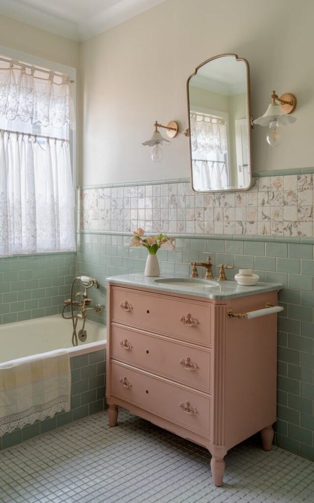 A photo of a charming cottagecore-chic bathroom with sage green square tiles covering the walls around the vanity and tub area. A horizontal band of delicate terrazzo tiles or vintage-inspired floral inserts runs through the center, adding visual interest and breaking up the solid green. The vanity is a repurposed dresser painted in dusty rose, topped with a porcelain basin and antique-style gold fixtures. Lace café curtains and a soft-checkered floor enhance the cottage vibe, while a gilded mirror and ceramic sconces add a touch of refined chic. The mix of old-fashioned whimsy and artistic pattern creates a space that’s both nostalgic and stylish.