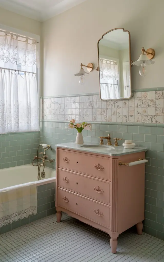 A photo of a charming cottagecore-chic bathroom with sage green square tiles covering the walls around the vanity and tub area. A horizontal band of delicate terrazzo tiles or vintage-inspired floral inserts runs through the center, adding visual interest and breaking up the solid green. The vanity is a repurposed dresser painted in dusty rose, topped with a porcelain basin and antique-style gold fixtures. Lace café curtains and a soft-checkered floor enhance the cottage vibe, while a gilded mirror and ceramic sconces add a touch of refined chic. The mix of old-fashioned whimsy and artistic pattern creates a space that’s both nostalgic and stylish.