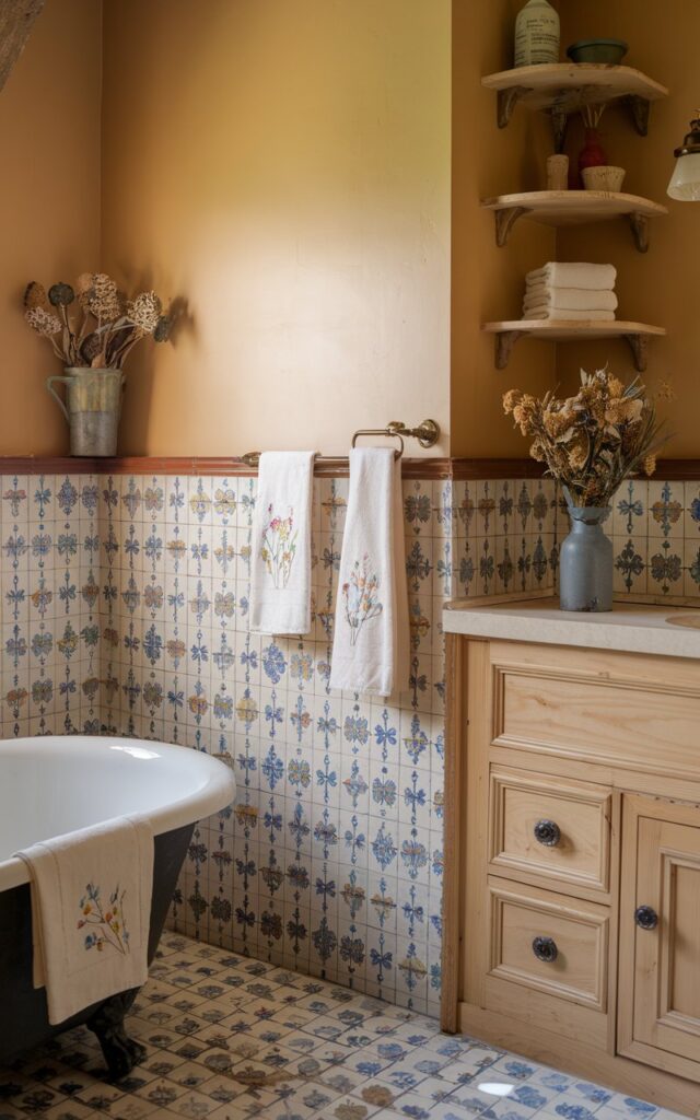A photo of a charming cottagecore + rustic bathroom with the lower half of the walls tiled in a colorful, hand-painted pattern. The upper walls are painted in a warm cream color. There is a natural wood vanity and open shelves. A clawfoot tub, embroidered hand towels, and a vase of dried wildflowers are placed in the room. The overall atmosphere is nostalgic and countryside.