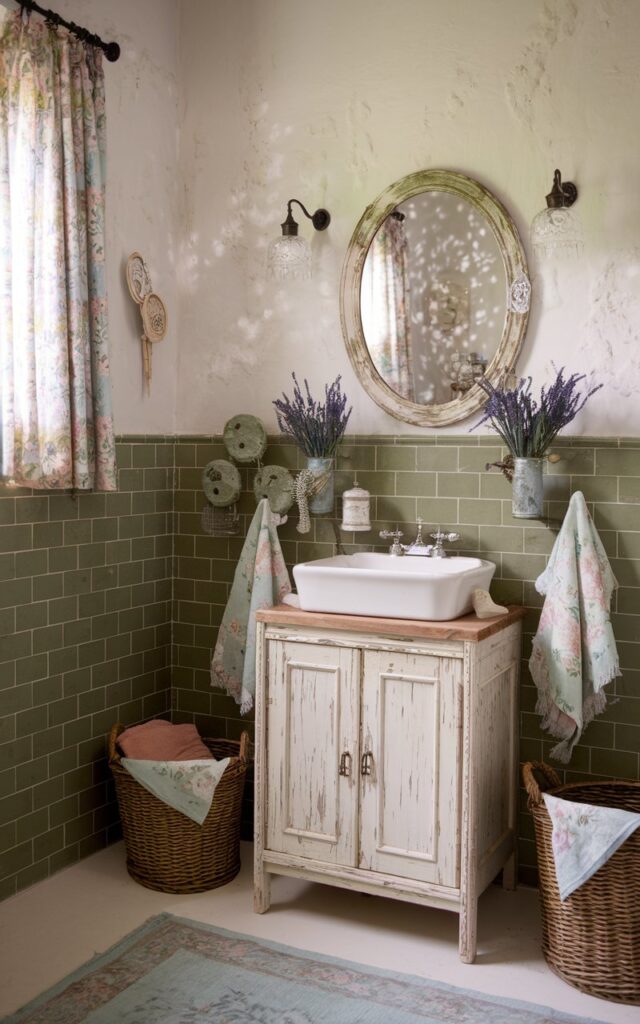 A photo of a charming rustic bathroom with a vintage character. The lower half of the walls is covered in olive green subway tiles with a slightly worn, matte finish. The upper walls are painted creamy white with subtle distressed texture. A rustic wooden vanity with chipped white paint and a farmhouse-style porcelain sink sits beneath a weathered oval mirror with a distressed frame. Soft pastel textiles, like floral curtains and plush towels, bring delicate contrast. Wicker baskets, vintage ceramic jars, and dried lavender bunches complete the cozy, lived-in rustic vibe with elegant shabby chic touches.