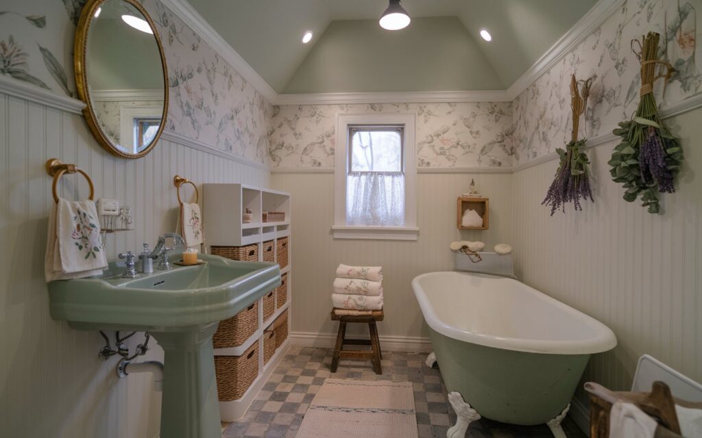 A photo of a charming cottagecore bathroom with a vintage-inspired pedestal sink and a clawfoot tub painted in a muted sage green. The walls are white beadboard and feature delicate floral wallpaper above the sink. There is a small wooden stool holding a stack of embroidered hand towels and an antique mirror with a gilt frame above the sink. Dried lavender and eucalyptus are tied with twine and hung on the wall near a tiny window with lace curtains. The floor is finished with checkered stone tile, and storage is provided by wicker baskets and wall-mounted cubbies. The space has a recessed ceiling with a pendant light and a rug on the floor. The natural light is soft and filtered.