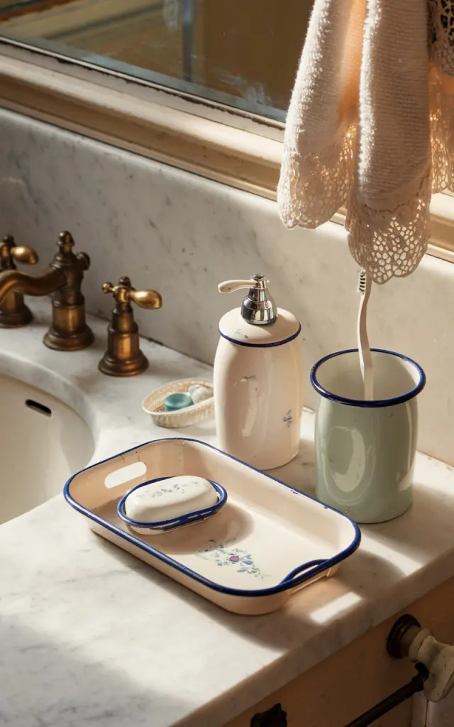 A photo of a vintage bathroom with a marble vanity and antique brass faucets. On the countertop, there is a small enamelware tray with everyday essentials. Next to the tray, there is an enamel soap dish and a toothbrush holder, both in soft white, pale blue, or muted green. The soap dish and toothbrush holder have delicate hand-painted details or gentle chipping. A lace-trimmed hand towel hangs nearby. The room has warm morning light, which highlights the soft gleam of the enamelware.