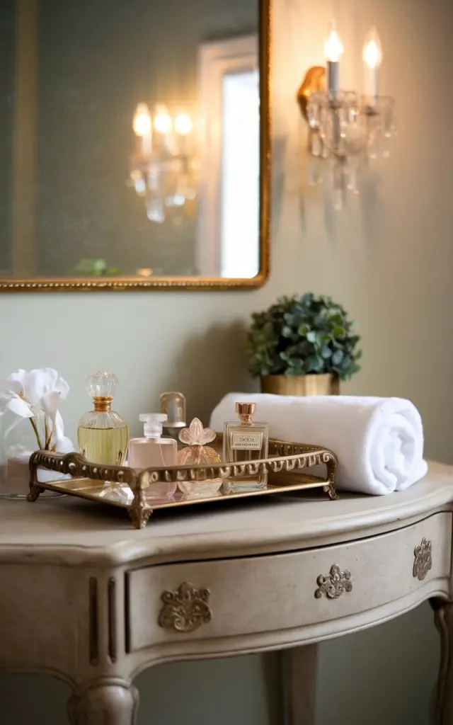 A photo of a charming vintage bathroom with a vanity. On the vanity, there is a mirrored tray with an assortment of delicate vintage perfume bottles, neatly rolled white towels, and a small potted plant in a ceramic or brass pot. The vanity is antique with curved legs and soft gold hardware. The wall is softly painted. A gilded mirror above reflects the soft, ambient glow from nearby sconces, creating a cozy, romantic atmosphere full of old-world charm and thoughtful details.