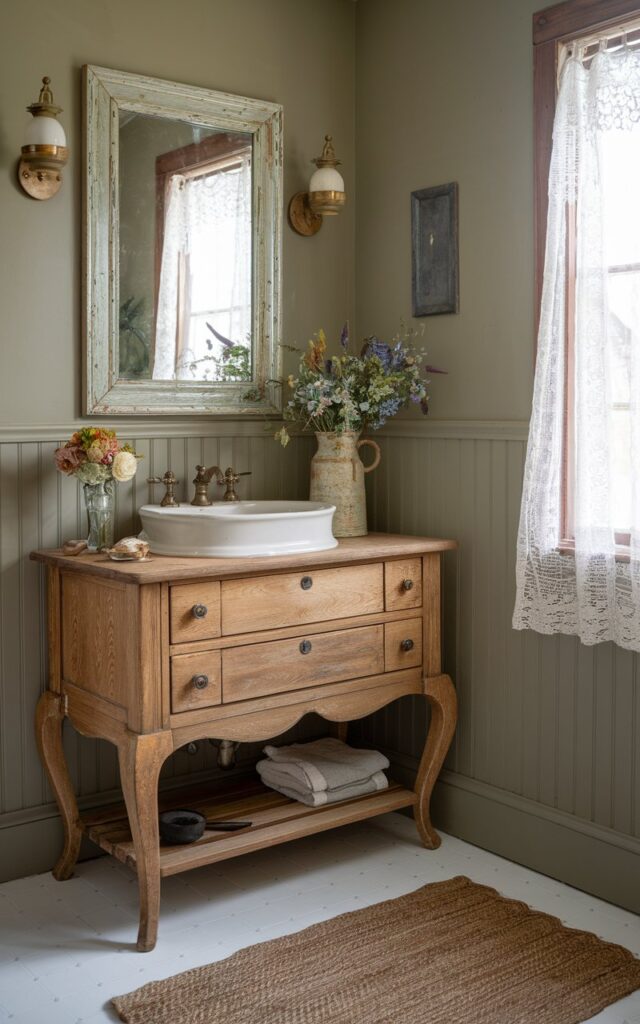 A photo of a vintage farmhouse-style bathroom with a distressed wood vanity, curved legs, and antique gold hardware. The vanity has a warm, weathered finish with a white porcelain sink on top. The walls are painted in muted sage and feature beadboard. An old mirror with a lightly tarnished frame hangs above the sink. Natural textures like a jute rug and a ceramic jug of wildflowers add rustic warmth. A lace curtain filters soft daylight through a nearby window.