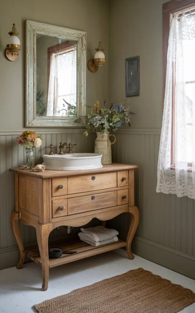 A photo of a vintage farmhouse-style bathroom with a distressed wood vanity, curved legs, and antique gold hardware. The vanity has a warm, weathered finish with a white porcelain sink on top. The walls are painted in muted sage and feature beadboard. An old mirror with a lightly tarnished frame hangs above the sink. Natural textures like a jute rug and a ceramic jug of wildflowers add rustic warmth. A lace curtain filters soft daylight through a nearby window.