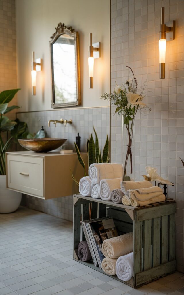 A photo of a vintage-inspired bathroom with modern touches. The room has rolled white and cream towels, a few magazines, a tall vase with flowers, all neatly stacked in a distressed wooden crate. The crate is placed beside a minimalist floating vanity. The vanity has a gilded vintage mirror with a vessel sink. The bathroom has porcelain large tiles, brass fixtures, and sleek sconces with warm light on. There are a few plants in the room. The natural light is soft and ambient.