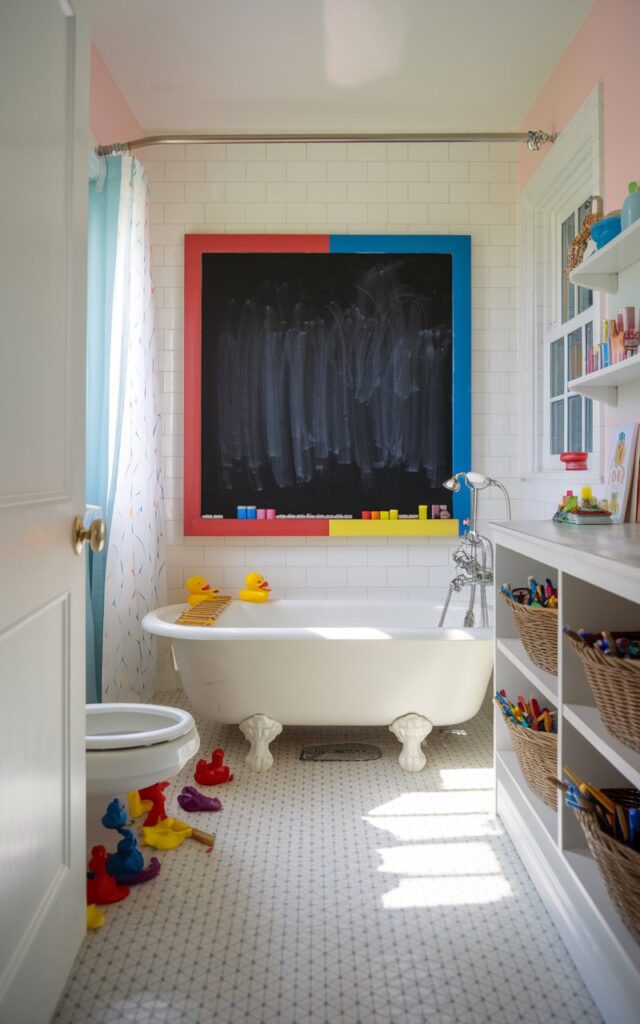 A photo of a cheerful kids' bathroom with a large chalkboard mounted on the wall beside the bathtub. The chalkboard has a colorful wooden frame painted in bright primary colors - red, blue, and yellow - that pop against the soft pastel walls. The bathtub is classic white and has fun rubber duckies and bath toys ready for play. The floor is covered with easy-to-clean patterned vinyl, and open shelves hold baskets full of chalk and art supplies. Natural light streams in, making the space feel bright, welcoming, and perfectly kid-proofed for messy masterpieces.